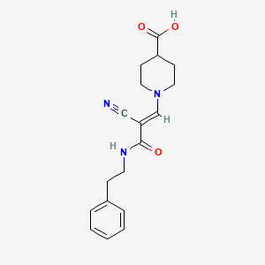 molecular formula C18H21N3O3 B2837667 (E)-1-(2-cyano-3-oxo-3-(phenethylamino)prop-1-en-1-yl)piperidine-4-carboxylic acid CAS No. 885181-28-2