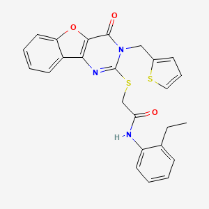 molecular formula C25H21N3O3S2 B2837809 N-(2-ethylphenyl)-2-({6-oxo-5-[(thiophen-2-yl)methyl]-8-oxa-3,5-diazatricyclo[7.4.0.0^{2,7}]trideca-1(9),2(7),3,10,12-pentaen-4-yl}sulfanyl)acetamide CAS No. 899754-72-4