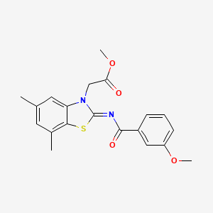molecular formula C20H20N2O4S B2837943 Methyl 2-[2-(3-methoxybenzoyl)imino-5,7-dimethyl-1,3-benzothiazol-3-yl]acetate CAS No. 1322227-93-9