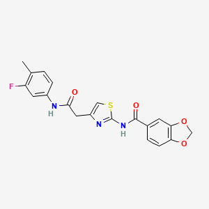 molecular formula C20H16FN3O4S B2837983 N-(4-(2-((3-fluoro-4-methylphenyl)amino)-2-oxoethyl)thiazol-2-yl)benzo[d][1,3]dioxole-5-carboxamide CAS No. 941985-18-8