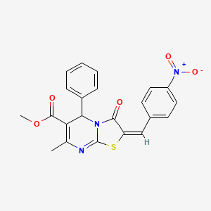 molecular formula C22H17N3O5S B2838099 methyl (2E)-7-methyl-2-[(4-nitrophenyl)methylidene]-3-oxo-5-phenyl-2H,3H,5H-[1,3]thiazolo[3,2-a]pyrimidine-6-carboxylate CAS No. 300377-34-8