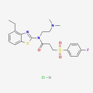 molecular formula C22H27ClFN3O3S2 B2838142 N-(2-(dimethylamino)ethyl)-N-(4-ethylbenzo[d]thiazol-2-yl)-3-((4-fluorophenyl)sulfonyl)propanamide hydrochloride CAS No. 1215549-79-3