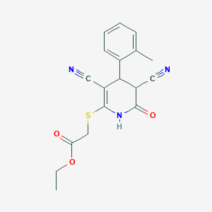 molecular formula C18H17N3O3S B2838187 Ethyl {[3,5-dicyano-4-(2-methylphenyl)-6-oxo-1,4,5,6-tetrahydropyridin-2-yl]sulfanyl}acetate CAS No. 374910-16-4