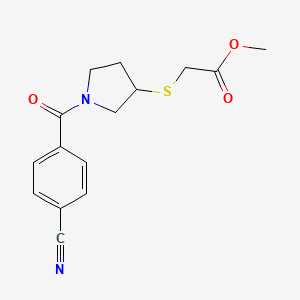 molecular formula C15H16N2O3S B2838296 Methyl 2-((1-(4-cyanobenzoyl)pyrrolidin-3-yl)thio)acetate CAS No. 2034607-10-6