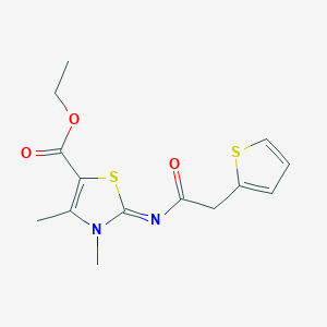 molecular formula C14H16N2O3S2 B2838370 (E)-ethyl 3,4-dimethyl-2-((2-(thiophen-2-yl)acetyl)imino)-2,3-dihydrothiazole-5-carboxylate CAS No. 1006006-37-6