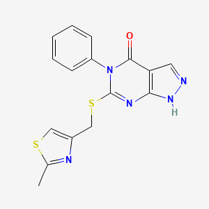 molecular formula C16H13N5OS2 B2838378 6-{[(2-methyl-1,3-thiazol-4-yl)methyl]sulfanyl}-5-phenyl-1H,4H,5H-pyrazolo[3,4-d]pyrimidin-4-one CAS No. 690960-23-7
