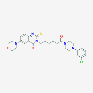 molecular formula C28H34ClN5O3S B2838379 3-{6-[4-(3-Chlorophenyl)piperazin-1-yl]-6-oxohexyl}-6-(morpholin-4-yl)-2-sulfanylidene-1,2,3,4-tetrahydroquinazolin-4-one CAS No. 689770-03-4