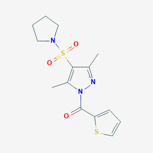 molecular formula C14H17N3O3S2 B2838398 3,5-Dimethyl-4-(pyrrolidinylsulfonyl)pyrazolyl 2-thienyl ketone CAS No. 1019105-63-5