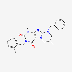 molecular formula C25H27N5O2 B2838401 9-benzyl-1,7-dimethyl-3-(2-methylbenzyl)-6,7,8,9-tetrahydropyrimido[2,1-f]purine-2,4(1H,3H)-dione CAS No. 876151-88-1