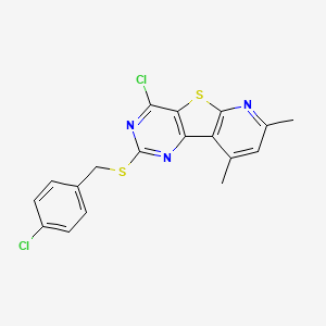 molecular formula C18H13Cl2N3S2 B2838437 6-chloro-4-[(4-chlorophenyl)methylsulfanyl]-11,13-dimethyl-8-thia-3,5,10-triazatricyclo[7.4.0.02,7]trideca-1(9),2(7),3,5,10,12-hexaene CAS No. 478065-65-5