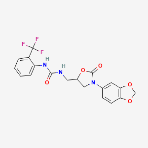 molecular formula C19H16F3N3O5 B2838494 1-((3-(Benzo[d][1,3]dioxol-5-yl)-2-oxooxazolidin-5-yl)methyl)-3-(2-(trifluoromethyl)phenyl)urea CAS No. 954691-86-2