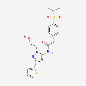 molecular formula C20H23N3O4S2 B2838517 N-(1-(2-hydroxyethyl)-3-(thiophen-2-yl)-1H-pyrazol-5-yl)-2-(4-(isopropylsulfonyl)phenyl)acetamide CAS No. 1219907-09-1