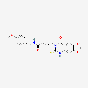 molecular formula C21H21N3O5S B2838570 N-[(4-methoxyphenyl)methyl]-4-{8-oxo-6-sulfanylidene-2H,5H,6H,7H,8H-[1,3]dioxolo[4,5-g]quinazolin-7-yl}butanamide CAS No. 688054-52-6
