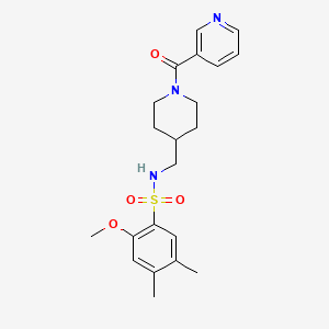 molecular formula C21H27N3O4S B2838614 2-methoxy-4,5-dimethyl-N-((1-nicotinoylpiperidin-4-yl)methyl)benzenesulfonamide CAS No. 1396866-75-3