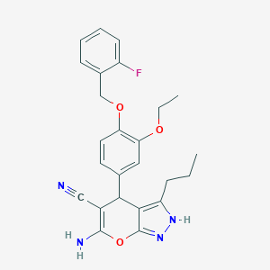 molecular formula C25H25FN4O3 B283880 6-Amino-4-{3-ethoxy-4-[(2-fluorobenzyl)oxy]phenyl}-3-propyl-1,4-dihydropyrano[2,3-c]pyrazole-5-carbonitrile 
