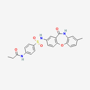 molecular formula C23H21N3O5S B2838839 N-[4-({6-methyl-10-oxo-2-oxa-9-azatricyclo[9.4.0.0^{3,8}]pentadeca-1(11),3(8),4,6,12,14-hexaen-13-yl}sulfamoyl)phenyl]propanamide CAS No. 922093-75-2