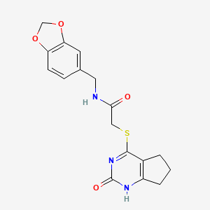 molecular formula C17H17N3O4S B2839149 N-(1,3-BENZODIOXOL-5-YLMETHYL)-2-[(2-OXO-2,5,6,7-TETRAHYDRO-1H-CYCLOPENTA[D]PYRIMIDIN-4-YL)SULFANYL]ACETAMIDE CAS No. 932961-16-5