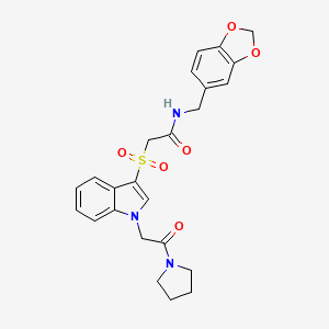 molecular formula C24H25N3O6S B2839271 N-(benzo[d][1,3]dioxol-5-ylmethyl)-2-((1-(2-oxo-2-(pyrrolidin-1-yl)ethyl)-1H-indol-3-yl)sulfonyl)acetamide CAS No. 878057-28-4
