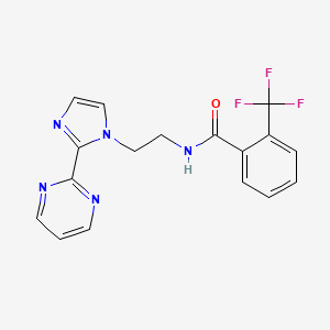 molecular formula C17H14F3N5O B2839358 N-(2-(2-(pyrimidin-2-yl)-1H-imidazol-1-yl)ethyl)-2-(trifluoromethyl)benzamide CAS No. 1448057-07-5