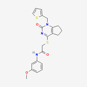 molecular formula C21H21N3O3S2 B2839423 N-(3-methoxyphenyl)-2-((2-oxo-1-(thiophen-2-ylmethyl)-2,5,6,7-tetrahydro-1H-cyclopenta[d]pyrimidin-4-yl)thio)acetamide CAS No. 899954-91-7