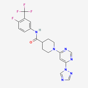 molecular formula C19H17F4N7O B2839463 1-(6-(1H-1,2,4-triazol-1-yl)pyrimidin-4-yl)-N-(4-fluoro-3-(trifluoromethyl)phenyl)piperidine-4-carboxamide CAS No. 1797727-83-3