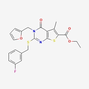 molecular formula C22H19FN2O4S2 B2839517 ethyl 2-{[(3-fluorophenyl)methyl]sulfanyl}-3-[(furan-2-yl)methyl]-5-methyl-4-oxo-3H,4H-thieno[2,3-d]pyrimidine-6-carboxylate CAS No. 450369-97-8