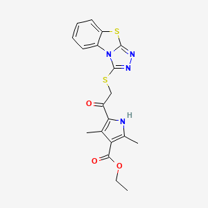 molecular formula C19H18N4O3S2 B2839600 ethyl 2,4-dimethyl-5-(2-{7-thia-2,4,5-triazatricyclo[6.4.0.0^{2,6}]dodeca-1(8),3,5,9,11-pentaen-3-ylsulfanyl}acetyl)-1H-pyrrole-3-carboxylate CAS No. 301308-83-8