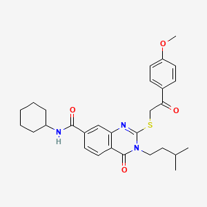 molecular formula C29H35N3O4S B2839605 N-cyclohexyl-2-{[2-(4-methoxyphenyl)-2-oxoethyl]sulfanyl}-3-(3-methylbutyl)-4-oxo-3,4-dihydroquinazoline-7-carboxamide CAS No. 1113134-35-2