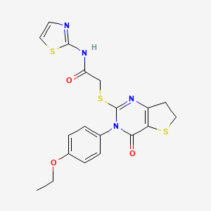molecular formula C19H18N4O3S3 B2839698 2-((3-(4-ethoxyphenyl)-4-oxo-3,4,6,7-tetrahydrothieno[3,2-d]pyrimidin-2-yl)thio)-N-(thiazol-2-yl)acetamide CAS No. 362502-03-2