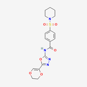 molecular formula C18H20N4O6S B2839818 N-(5-(5,6-dihydro-1,4-dioxin-2-yl)-1,3,4-oxadiazol-2-yl)-4-(piperidin-1-ylsulfonyl)benzamide CAS No. 851094-81-0
