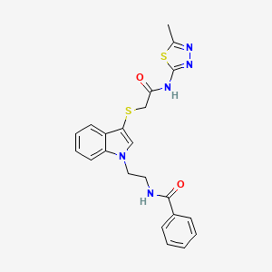 molecular formula C22H21N5O2S2 B2839908 N-{2-[3-({[(5-methyl-1,3,4-thiadiazol-2-yl)carbamoyl]methyl}sulfanyl)-1H-indol-1-yl]ethyl}benzamide CAS No. 532969-86-1