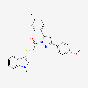 molecular formula C28H27N3O2S B2839975 1-(3-(4-methoxyphenyl)-5-(p-tolyl)-4,5-dihydro-1H-pyrazol-1-yl)-2-((1-methyl-1H-indol-3-yl)thio)ethanone CAS No. 681280-13-7