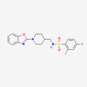 molecular formula C20H22FN3O3S B2840033 N-((1-(benzo[d]oxazol-2-yl)piperidin-4-yl)methyl)-4-fluoro-2-methylbenzenesulfonamide CAS No. 1797564-13-6