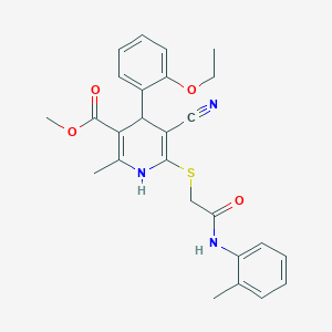molecular formula C26H27N3O4S B2840147 Methyl 5-cyano-4-(2-ethoxyphenyl)-2-methyl-6-((2-oxo-2-(o-tolylamino)ethyl)thio)-1,4-dihydropyridine-3-carboxylate CAS No. 442557-63-3