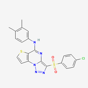 molecular formula C21H16ClN5O2S2 B2840167 10-(4-chlorobenzenesulfonyl)-N-(3,4-dimethylphenyl)-5-thia-1,8,11,12-tetraazatricyclo[7.3.0.0^{2,6}]dodeca-2(6),3,7,9,11-pentaen-7-amine CAS No. 892738-38-4