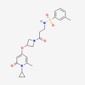 molecular formula C22H27N3O5S B2840229 N-(3-(3-((1-cyclopropyl-6-methyl-2-oxo-1,2-dihydropyridin-4-yl)oxy)azetidin-1-yl)-3-oxopropyl)-3-methylbenzenesulfonamide CAS No. 2034427-65-9