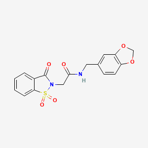molecular formula C17H14N2O6S B2840230 N-[(2H-1,3-benzodioxol-5-yl)methyl]-2-(1,1,3-trioxo-2,3-dihydro-1lambda6,2-benzothiazol-2-yl)acetamide CAS No. 452942-37-9