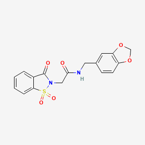 N-(1,3-benzodioxol-5-ylmethyl)-2-(1,1,3-trioxo-1,2-benzothiazol-2-yl)acetamide