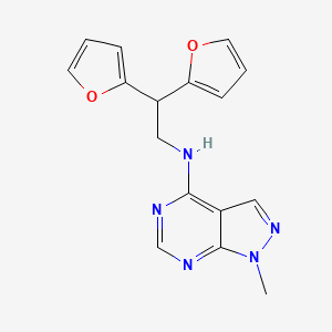 molecular formula C16H15N5O2 B2840254 N-[2,2-bis(furan-2-yl)ethyl]-1-methyl-1H-pyrazolo[3,4-d]pyrimidin-4-amine CAS No. 2380186-35-4