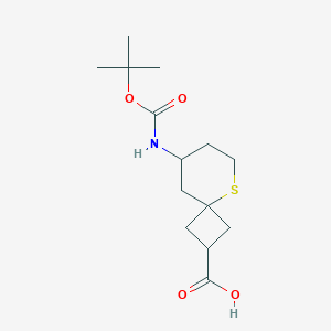 molecular formula C14H23NO4S B2840262 8-{[(Tert-butoxy)carbonyl]amino}-5-thiaspiro[3.5]nonane-2-carboxylic acid CAS No. 2137673-26-6