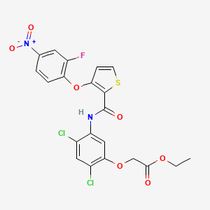 molecular formula C21H15Cl2FN2O7S B2840310 Ethyl 2-(2,4-dichloro-5-(((3-(2-fluoro-4-nitrophenoxy)-2-thienyl)carbonyl)amino)phenoxy)acetate CAS No. 339015-60-0