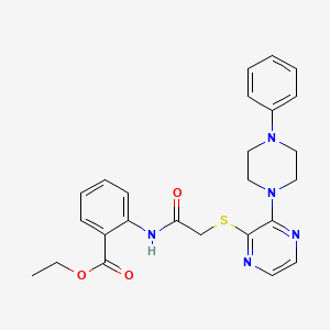 molecular formula C25H27N5O3S B2840539 ethyl 2-(2-{[3-(4-phenylpiperazin-1-yl)pyrazin-2-yl]sulfanyl}acetamido)benzoate CAS No. 1030087-61-6