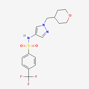 molecular formula C16H18F3N3O3S B2840566 N-{1-[(oxan-4-yl)methyl]-1H-pyrazol-4-yl}-4-(trifluoromethyl)benzene-1-sulfonamide CAS No. 1706074-63-6