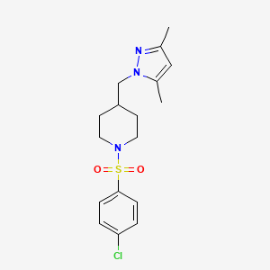 molecular formula C17H22ClN3O2S B2840667 1-((4-chlorophenyl)sulfonyl)-4-((3,5-dimethyl-1H-pyrazol-1-yl)methyl)piperidine CAS No. 1396805-88-1