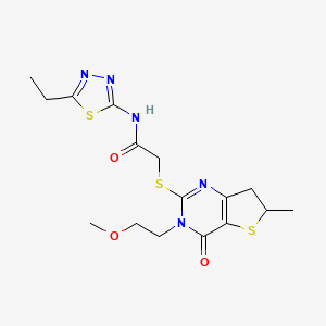 molecular formula C16H21N5O3S3 B2840919 N-(5-ethyl-1,3,4-thiadiazol-2-yl)-2-{[3-(2-methoxyethyl)-6-methyl-4-oxo-3H,4H,6H,7H-thieno[3,2-d]pyrimidin-2-yl]sulfanyl}acetamide CAS No. 851409-95-5