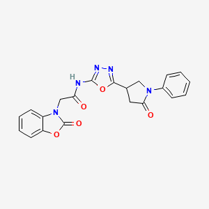 molecular formula C21H17N5O5 B2841035 N-(5-(5-oxo-1-phenylpyrrolidin-3-yl)-1,3,4-oxadiazol-2-yl)-2-(2-oxobenzo[d]oxazol-3(2H)-yl)acetamide CAS No. 1286719-13-8
