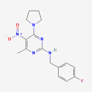 molecular formula C16H18FN5O2 B2841256 N-(4-fluorobenzyl)-4-methyl-5-nitro-6-(pyrrolidin-1-yl)pyrimidin-2-amine CAS No. 1251708-39-0