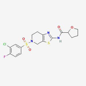 molecular formula C17H17ClFN3O4S2 B2841364 N-(5-((3-chloro-4-fluorophenyl)sulfonyl)-4,5,6,7-tetrahydrothiazolo[5,4-c]pyridin-2-yl)tetrahydrofuran-2-carboxamide CAS No. 1396802-19-9