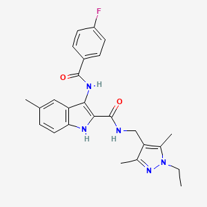molecular formula C25H26FN5O2 B2841577 N-((1-ethyl-3,5-dimethyl-1H-pyrazol-4-yl)methyl)-3-(4-fluorobenzamido)-5-methyl-1H-indole-2-carboxamide CAS No. 1173775-18-2