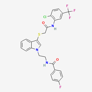 molecular formula C26H20ClF4N3O2S B2841632 N-(2-{3-[({[2-chloro-5-(trifluoromethyl)phenyl]carbamoyl}methyl)sulfanyl]-1H-indol-1-yl}ethyl)-4-fluorobenzamide CAS No. 443333-36-6